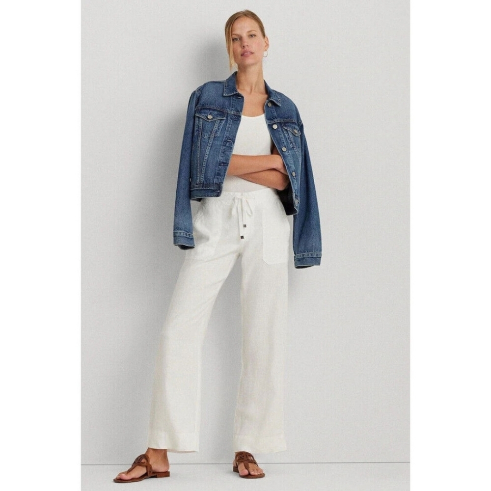 Lauren Ralph Lauren White 100% Linen Drawstring Straight Leg Pants Size 8